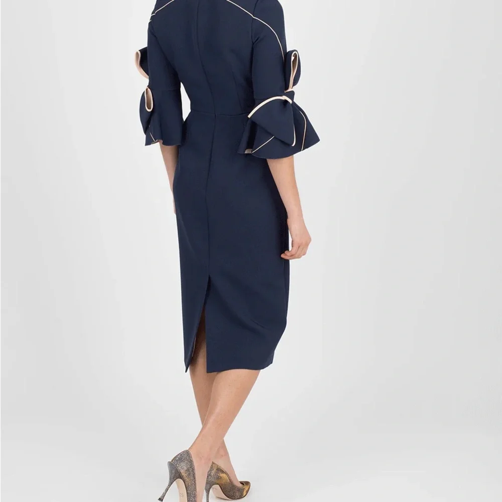 Roksansa Elegant Navy Blue Dress with Bow Sleeve Details - Picture 2 of 6